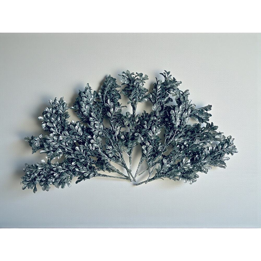Set of 10 Silver Glitter Leaf Picks-Stems-Vintage Holiday Floral Craft Decor